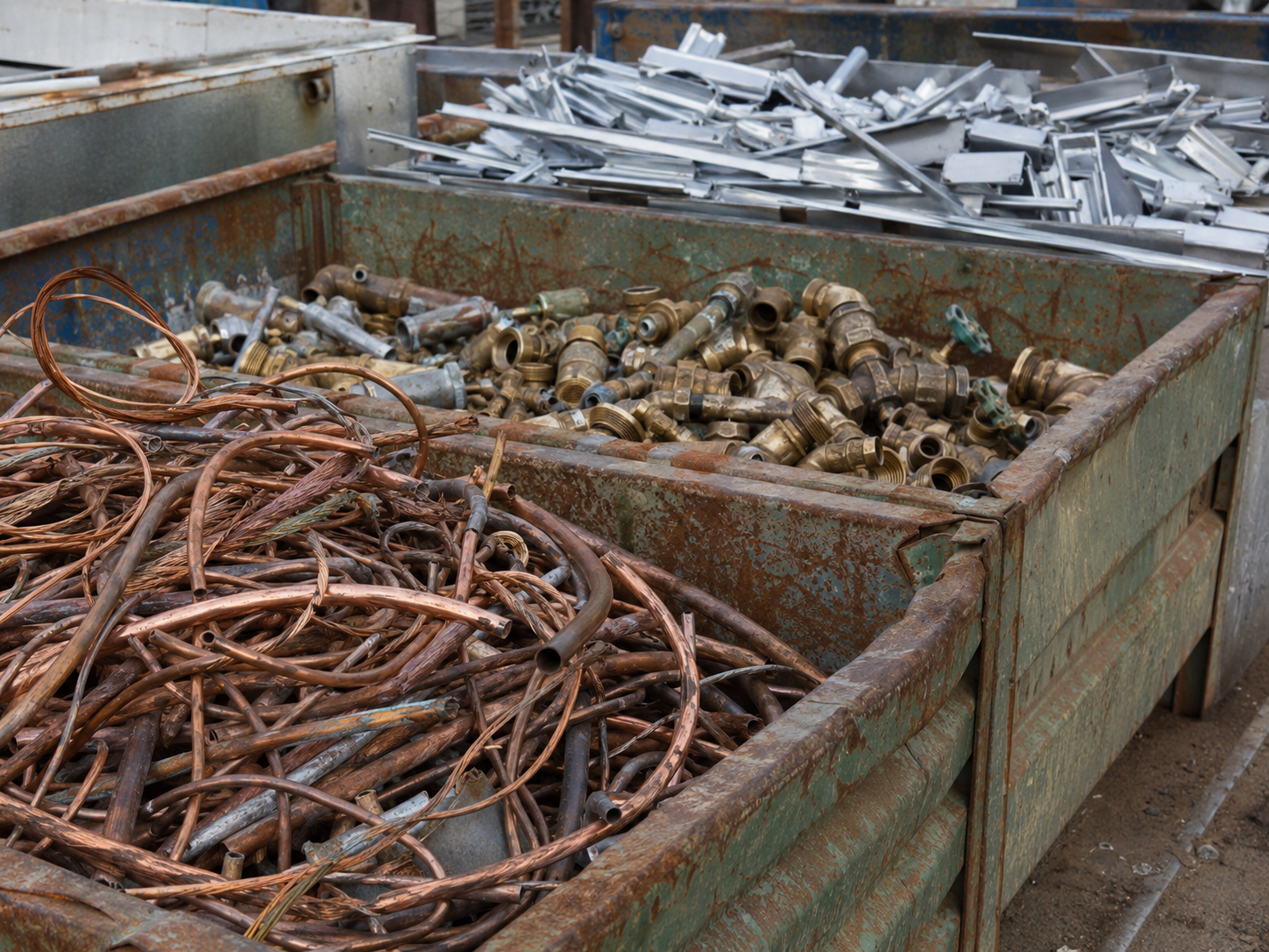 Kidd Metals bins containing copper cable and metal scrap ready for commercial recycling.