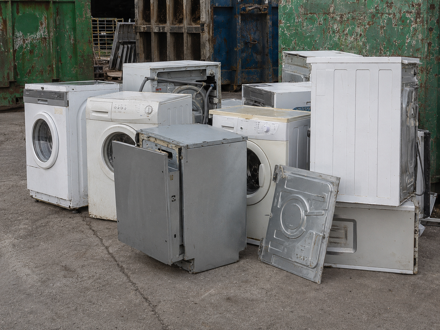 Old washing machines and white goods ready for scrap metal recycling in Campbellfield.